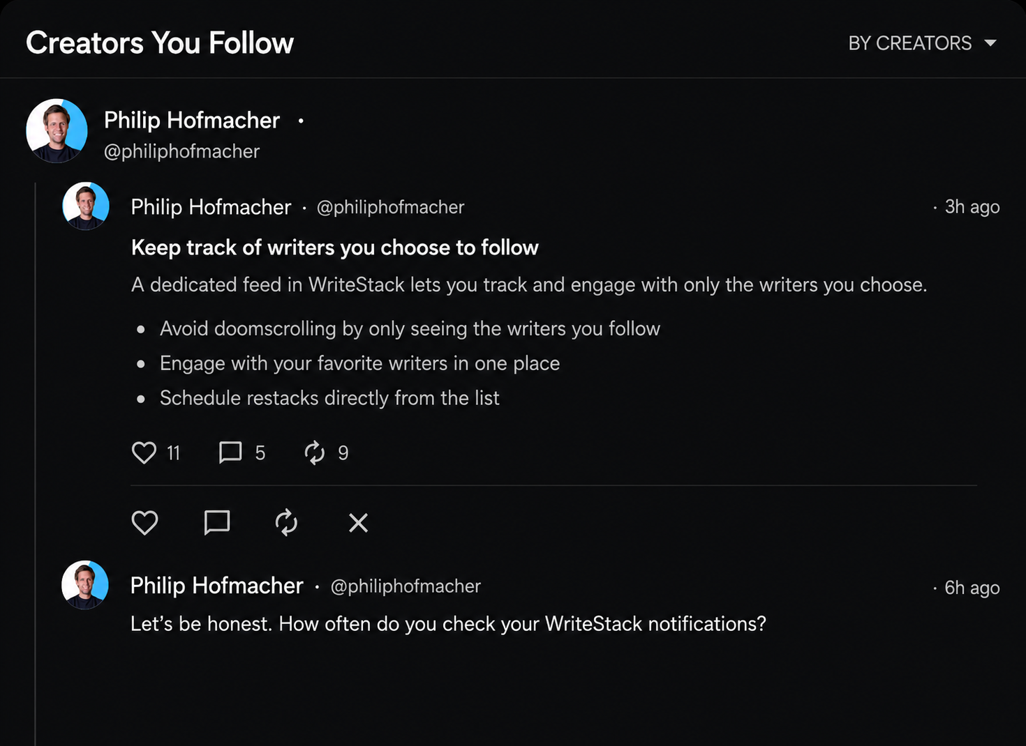 Creators you follow feed view