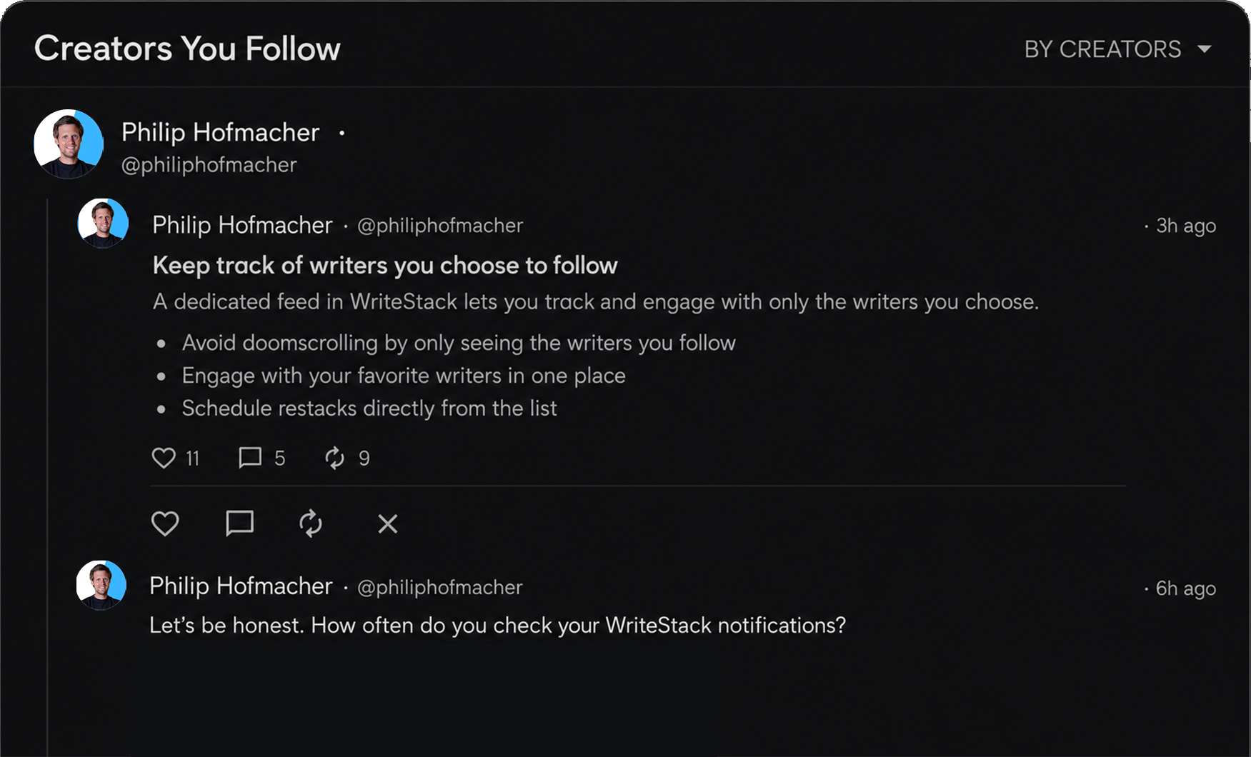 Creators you follow feed view
