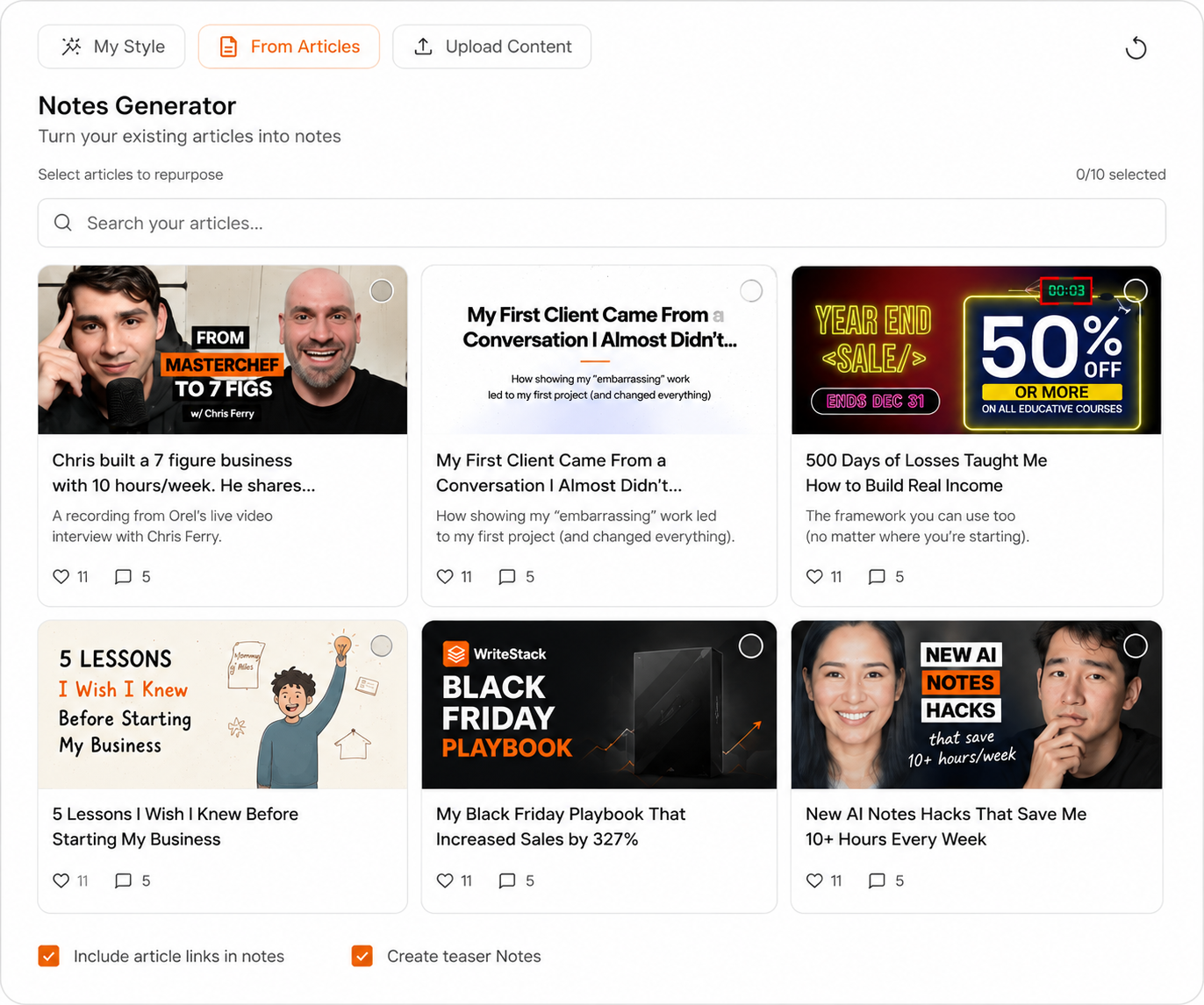 Notes generator with From Articles content picker