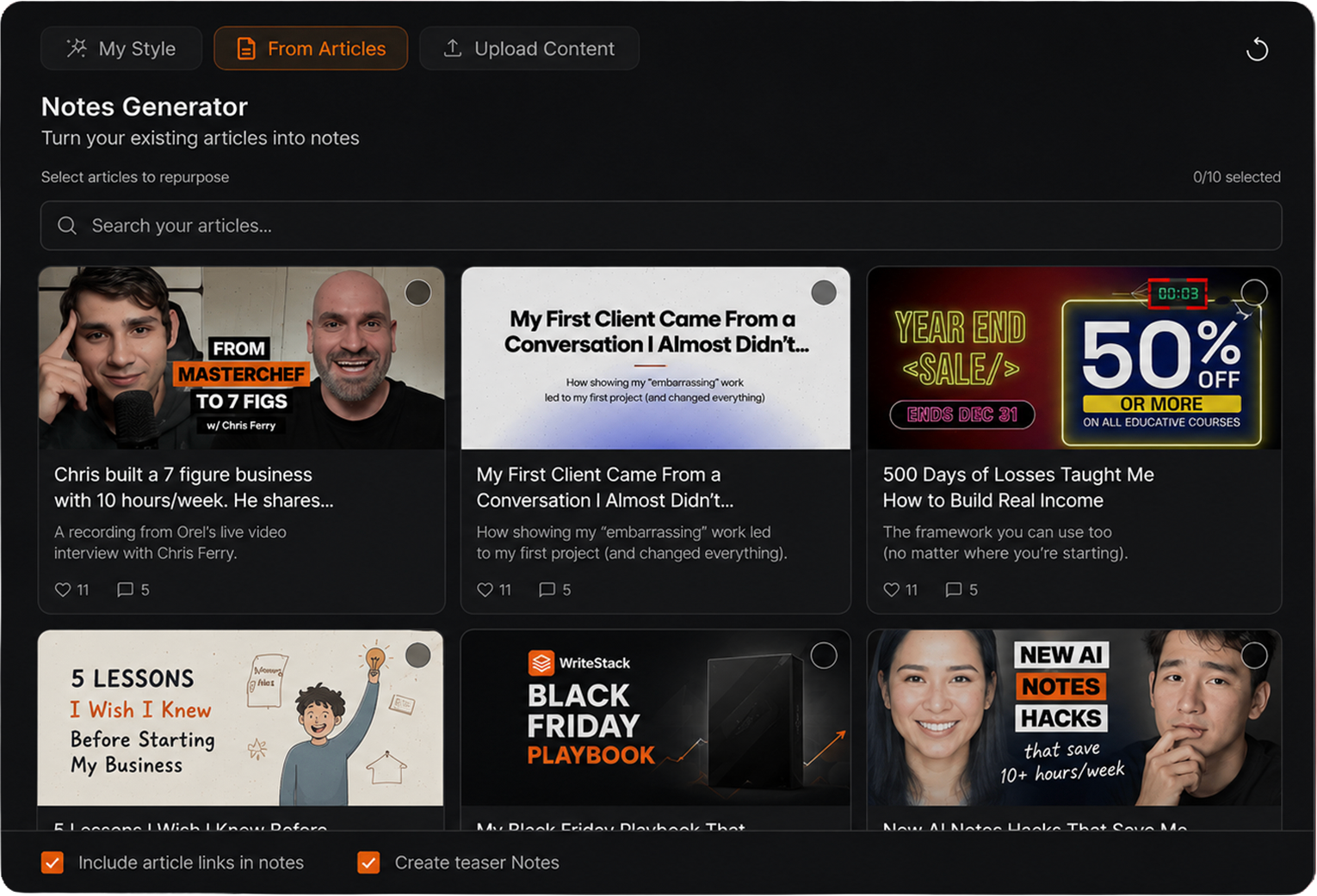 Notes generator with From Articles content picker